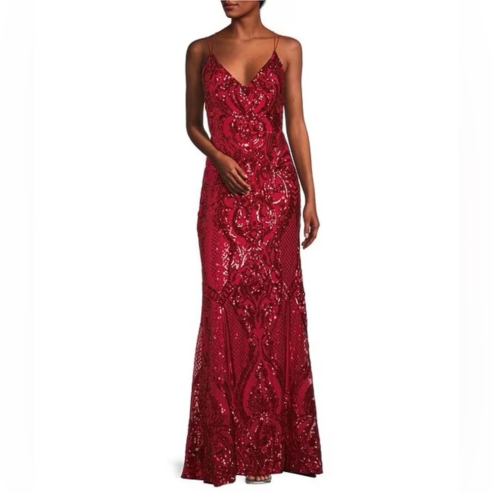 Red Sequin V-Neck Long Dress